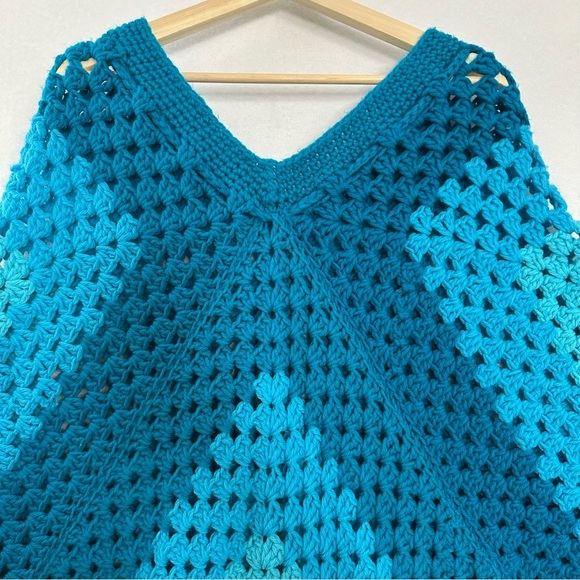 Handmade Teal Crochet Poncho Oversized Duster Boho Hippie Granny  *READ - Picture 4 of 12